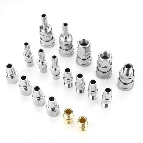 Solid 18-Piece 1/4 Inch Air Compressor Quick Connect Hose Fitting Set With Pneumatic Iron Arrow Case, Double Male And Female Adapters For All Your Air Tools And Hose Extensions., 1/4 inch metal air hose fittings, assorted connectors