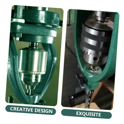 Iron Mortise Converter Runs Tight On Bench Drills Clips Right Onto Hollow Chisel Bits With Tenon Gauge Tool No Fuss Setup Makes Quick Work Of Square Tailstock Layout Work, close-up view of drill setup.
