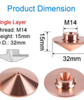CO2 Fiber Laser Nozzle for Raytools Head 32mm Diameter 15mm Height Copper Caliber 1.0 1.5 2.0mm M14 Thread Single Layer 10 Pack