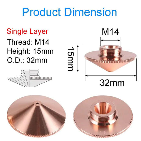 CO2 Fiber Laser Nozzle for Raytools Head 32mm Diameter 15mm Height Copper Caliber 1.0 1.5 2.0mm M14 Thread Single Layer 10 Pack