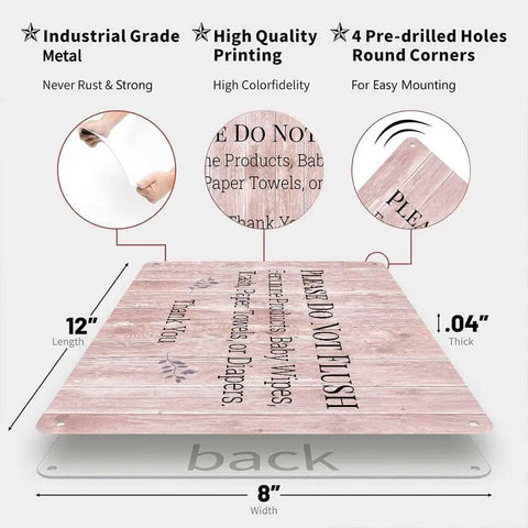 Aluminum 8x12 Rustic Wood Print Restroom Reminder Sign No Flush For Feminine Products, Baby Wipes, Trash, Paper Towels, Diapering Supplies, Wall Mountable Hygiene Sign, 12x8 metal