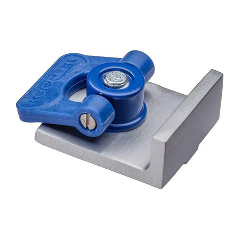 Inline T Track Stop For T-Track System With Low-Profile Knobs, 1.5 x 1.5 inches, aluminum block view, fast workholding accessory