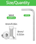 Image showing M4x8mm 304 Stainless Steel Flat Head Socket Cap Screws with Allen key, indicating size and quantity of 100 pack.