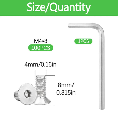 Image showing M4x8mm 304 Stainless Steel Flat Head Socket Cap Screws with Allen key, indicating size and quantity of 100 pack.