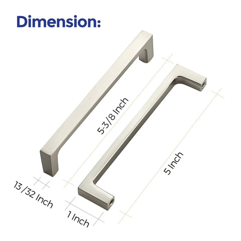 Dimensions of 25 Pack Solid 5 Inch Square Kitchen Cabinet Handles in Brushed Nickel with 5-Inch Center To Center Spacing, Classic Modern Design