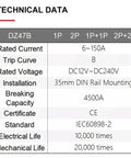 Technical data chart for DC Battery and EV Circuit Breaker Workhorse 12V-48V, 2 Pole Mini MCB, DIN rail mount.