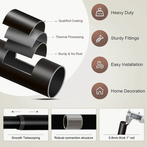 Built To Last Black Curtain Rod Set For Windows 48 To 84 Inches Adjustable 1 Inch Diameter With Decorative Finials, material details