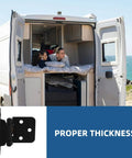 Self Closing Spring Loaded RV Door Hinge Set For Camper Cabinets And Doors Heavy Duty Steel Half Overlay Semi Concealed Design Reliable Load Bearing Auto Close Hinges For Cabinets And RVs shown in van