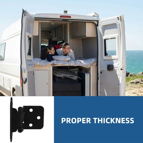 Self Closing Spring Loaded RV Door Hinge Set For Camper Cabinets And Doors Heavy Duty Steel Half Overlay Semi Concealed Design Reliable Load Bearing Auto Close Hinges For Cabinets And RVs shown in van