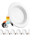 4 Inch LED Recessed Can Lights Kit, 10W (60W Equivalent), Color Temperature Switchable 2700K 3000K 3500K 4000K 5000K, Dimmable Retrofit Downlights, Wet Rated, ETL Listed, Energy Star, 6 Pack displayed with color temperature options and bulbs