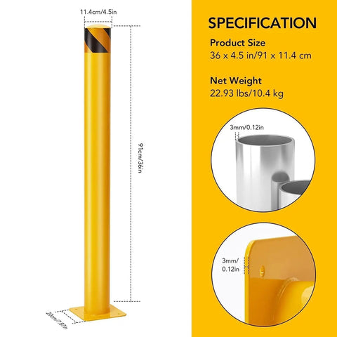 Rock Solid 6 Pack Safety Bollards 36 Inch Tall 4.5 Inch Thick Yellow Steel Posts With Welded Base Plate dimensions and weight.