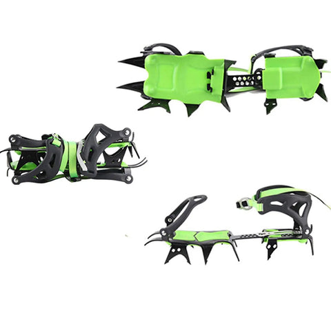 Fourteen Teeth Ice Crampons for Winter Boots with grippy steel cleats in green and black, side and folded view for snow traction