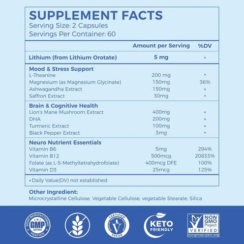 Supplement facts label for Lithium Orotate 5mg 13 In 1 Daily Balance Supplement with Magnesium Glycinate, L-Theanine, DHA, non-GMO, vegan.