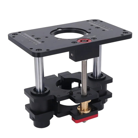 Heavy Duty Router Lift Table For 69 Mm Base Featuring No Sweat Micro Adjustments and Rust Proof Steel Rod, top view.