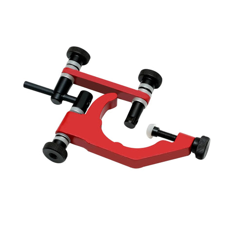 Universal Indicator Holder For Dial Test Indicator Built Tough In Lightweight Aluminum Alloy With One And Seven Eighths Inches Clamping Diameter, Red And Black, Rugged Mounting For Precise Measurements, Adjustable Reach From Zero To Twelve Inches, side view.