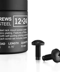 Close-up of two 12-24 rack screws with nylon washers, Phillips truss head, black zinc chromate finish, carbon steel, 50-piece set