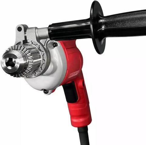 Heavy Duty Corded Power Drill With Beast Mode 8 Amp Motor delivering up to 850 RPM with a black rotating side handle and keyed chuck.
