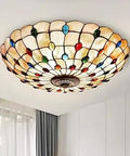 Tiffany Style 3 Light Flush Mount Ceiling Light With Colorful Glass Shade, Beige Handmade Bedroom Lamp, 16 Inch Stained Glass Fixture