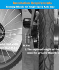 Heavy Duty Training Wheels For 12 14 16 18 20 Inch Kids Bikes, Universal Fit On Most Single Speed Bicycles, installation diagram showing attachment requirements with text instructions and measurements. Shows wheel, bracket, and frame in black finish.