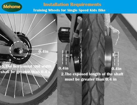 Heavy Duty Training Wheels For 12 14 16 18 20 Inch Kids Bikes, Universal Fit On Most Single Speed Bicycles, installation diagram showing attachment requirements with text instructions and measurements. Shows wheel, bracket, and frame in black finish.