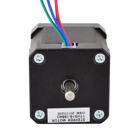 Front view of black NEMA 17 stepper motor with four screws, multi-colored wires, and a metal drive shaft.