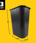 Durable 41 Quart Stackable Wastebasket Trash Can In Black, Heavy Duty Plastic With Rolled Rim, shown with dimensions and 3-year warranty badge