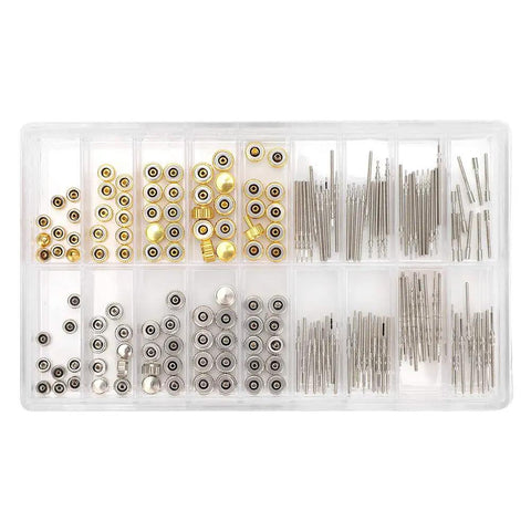 Watch Repair Tool Kit With Crown Tool Set, Stem Extender And Crown Replacement Parts in clear storage box