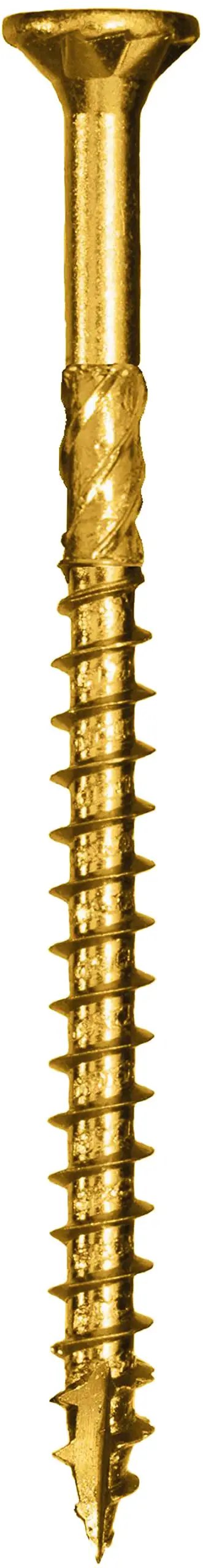 Heavy Duty Multi Purpose Framing Screws Size 12 Or Size 14 X 5 5/8 Inches 50 Piece Pack showing a gold self tapping screw.