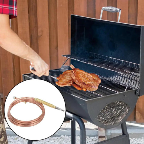 Person cooking on a BBQ grill with 900Mm Gas Stove Thermocouple Kit With Five Nuts Universal Thermocouple visible