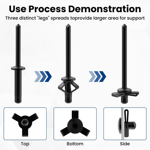 Use process demonstration of Heavy Duty Tri Grip Aluminum Pop Rivets With Waterproof O Rings, showing support from top, bottom, and side angles.