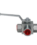 Half Inch NPT 3 Way Shut Off Hydraulic Ball Valve 7250 PSI High Pressure Workhorse Silver Finish L Born Model front view