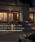 Night view of a home with illuminated stairs showcasing Cync Smart Home Starter Kit With Color Changing LED Bulb And Wireless Dimmer Switch Plug And Play WiFi Bluetooth Lighting That Works With Alexa And Google Home Easy Setup For A Smarter Home, highlighting the convenience of scheduling and automation.