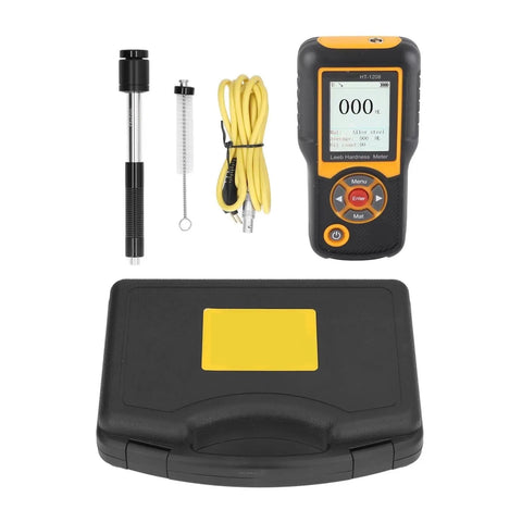 Digital Hardness Tester Multi Scale Durometer Meter With Bright TFT Screen For Dead On Plastic And Rubber Testing, displayed with accessories.