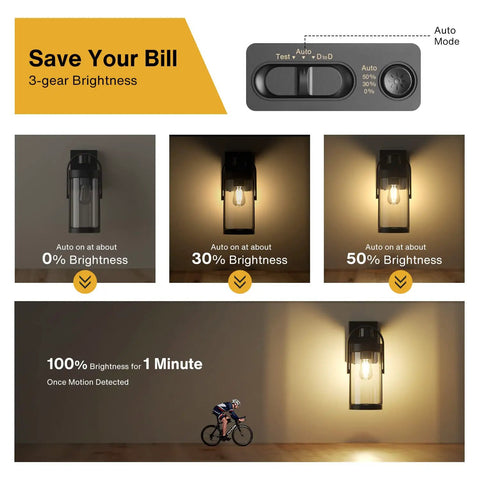 Motion Sensor Outdoor Wall Light With Three Lighting Modes For Porch And Exterior Use Black Dusk To Dawn Wall Mount Lantern Style Lighting For House Garage And Entryway Bulb Not Included showing brightness levels and motion detection.