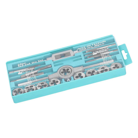 High Performance Metric Tap And Die Set With 60HRC Hardened Steel For Perfect Thread Repair On Metal And Automotive Parts. Ideal For DIY Garage Mechanics And Hard Use Projects Needing Durable Hacks In Your Toolbox Today. 20-piece teal case