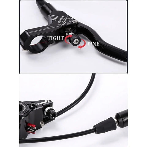 Front Hydraulic Disc Brake With 800mm Hose For Mountain And Fat E Bikes Features IS PM Adapters close-up of lever and hose.
