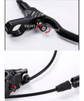 Premium Rear Hydraulic Disc Brake Kit For Mountain Bikes Featuring Buttery Smooth 1250mm Line And Two Piston Rustproof Aluminum Caliper, close-up of lever and hose.