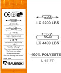 Label on orange polyester strap, LC 2200 LBS, LC 4400 LBS, compliant with CE standards, not for lifting, date 2024.