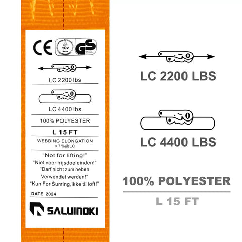 Label on orange polyester strap, LC 2200 LBS, LC 4400 LBS, compliant with CE standards, not for lifting, date 2024.