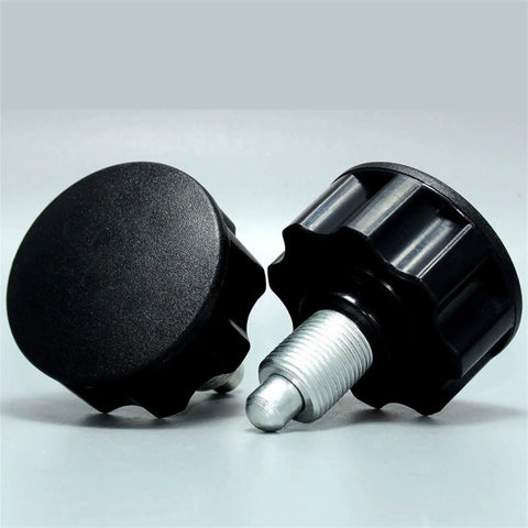 Heavy Duty M20 Indexing Plunger and Spring Loaded Locking Dowel Pin with Bulletproof Screw Grip for Zero Play Precision Alignment plus Rock Solid Industrial Positioning Includes One Full Sized Unit, showing two black knobs with threaded shafts.