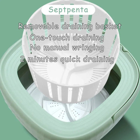 Portable 6L Mini Washing Machine with foldable design showing removable draining basket for apartments and travel use