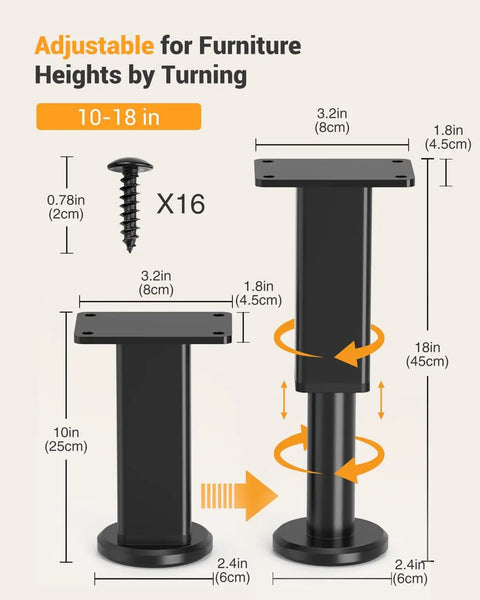 Adjustable Metal Furniture Legs Four Pieces 10 To 18 Inch Beefy Heavy Duty Replacement Feet For Sofa Couch Bed Frame Slats Cabinets Tables And Dressers With Rubber Non Slip Base