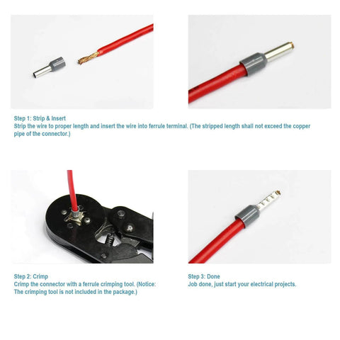 1200 Piece Wire Ferrules Terminals Kit For AWG 22 To 8, insulated cord end connectors being used on red wire with crimping tool
