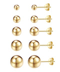 Five Piece Gold Ball Stud Earrings Set For Women Including 3mm 4mm 5mm 6mm And 7mm Sizes, 14K Gold Plated With 316L Steel Pins, Super Versatile Everyday Earrings. front view of five gold ball stud earrings sizes