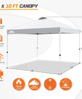 Illustration of 10x10 Foot Pop Up Canopy Tent With Wheeled Carry Bag, Easy One Person Setup, showing dimensions and features, white tent.