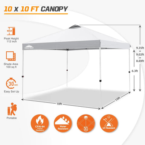 Illustration of 10x10 Foot Pop Up Canopy Tent With Wheeled Carry Bag, Easy One Person Setup, showing dimensions and features, white tent.