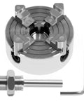 Top Tier Heavy Duty Four Jaw Mini Lathe Chuck Kit Featuring Rock Solid Zinc Alloy Construction with jaws and quick mount rod.