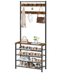 Coat Rack With Bench And Five Tier Shoe Storage Organizer With Nine Hooks For Entryway Or Mudroom, rustic brown and black hall tree.