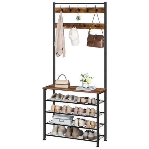 Coat Rack With Bench And Five Tier Shoe Storage Organizer With Nine Hooks For Entryway Or Mudroom, rustic brown and black hall tree.