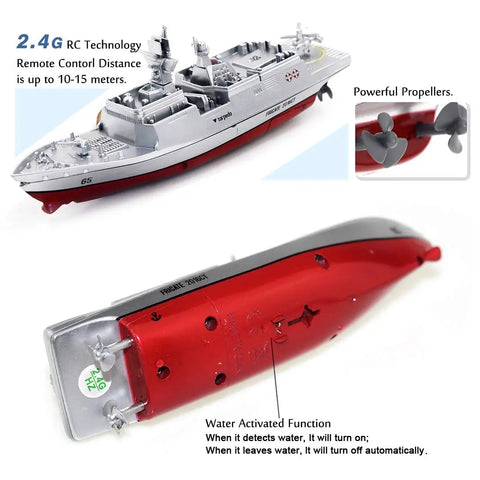 Military RC Warship Boat With 2.4 GHz Remote Control Realistic Navy Vessel Toy showcasing propellers and water activation feature